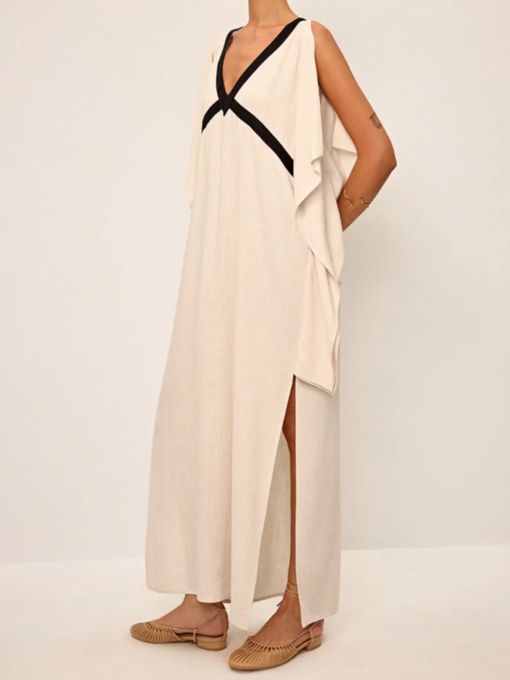 NWT Contrast Trim Maxi Kaftan Dress | Cream & Black | Resort Vacation Dress - Picture 4 of 6